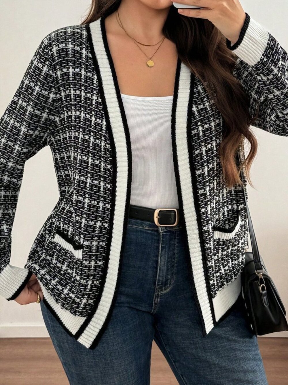 Black And White Casual Women's Plaid Long Sleeve Open Front Knit Cardigan